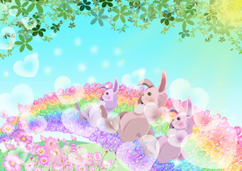ウサギと虹と花畑とシュガーパインのカラーイラスト