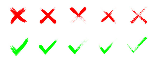 set of grunge green checkmark and red cross on white background © dwara