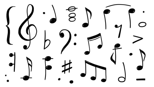 Music note doodle drawn style. Hand drawn sketch musical note, key element. Melody symbol, black shape vector illustration.