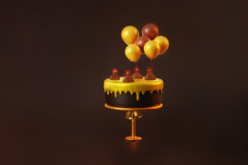 Golden cake with cute balloon on dark brown background  3d illustration