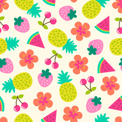Colorful tropical fruit and hibiscus flower seamless pattern for summer holidays background.