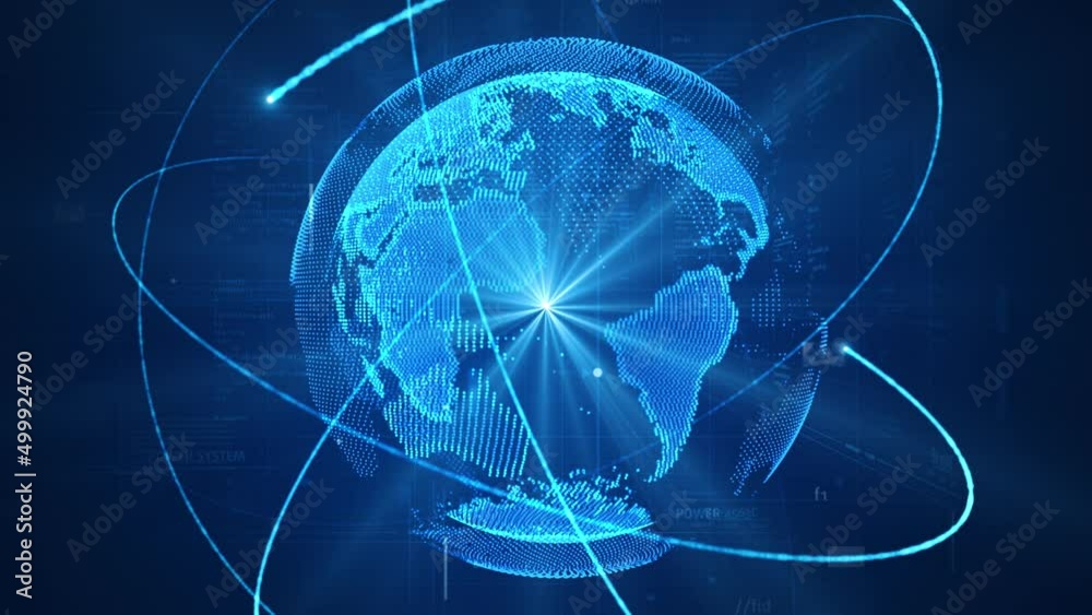 Wall mural the technological earth is constantly rotating, the scientific dotted line particle world map, and t