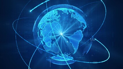 The technological earth is constantly rotating, the scientific dotted line particle world map, and the future intelligent big data. - Powered by Adobe
