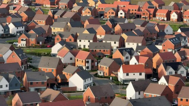 Modern Houses and Homes on a UK New Build Estate Seen From The Air