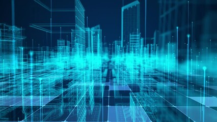 Holographic digital city buildings, high-tech wireframe cities, futuristic big data city buildings. - Powered by Adobe