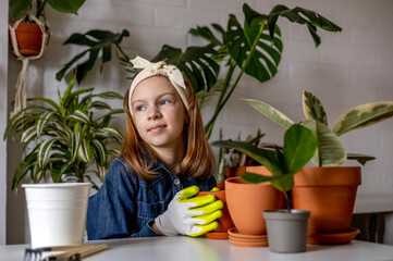 Teenage girl in denim overalls puts on gloves. Plant transplant process.