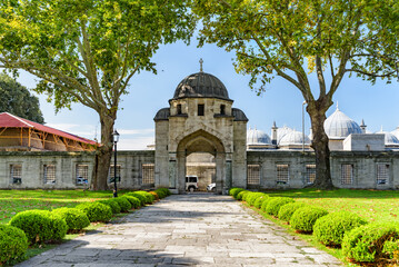 Gate to the green gardens of the Suleymaniye Mosque, Istanbul