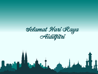 Fototapeta premium SELAMAT HARI RAYA means Happy eid fitr for muslim around the world written over Kuala Lumpur landscape