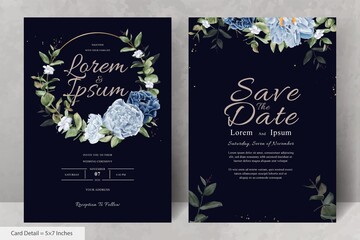 Elegant Watercolor Floral Wreath Wedding Stationery with Navy Blue Flower and Leaves
