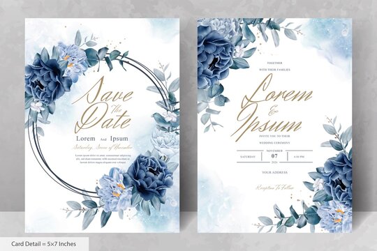 Elegant Watercolor Floral Wreath Wedding Stationery with Navy Blue Flower and Leaves