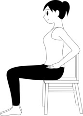 椅子に座って胸を張る女性（モノクロ）