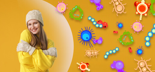Beautiful young woman with strong immunity on yellow background. Protection against germs, bacteria...
