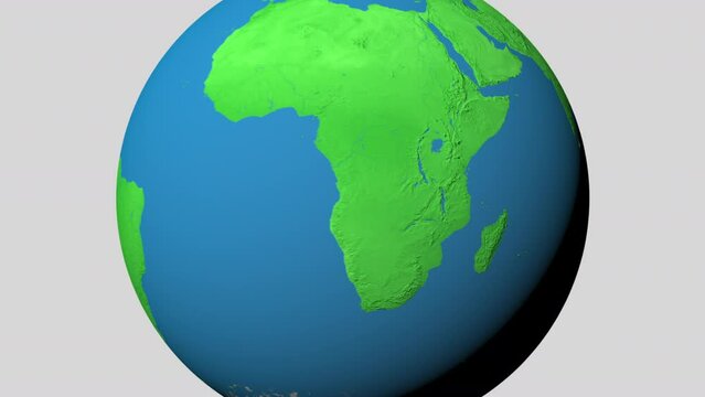 Seamless looping animation of the earth zooming in to the 3d map of Madagascar with the capital and the biggest cites in 4K resolution