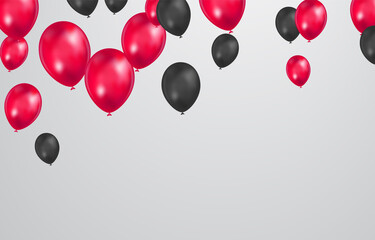 Fototapeta premium black and Red balloons with confetti on white background. Celebration background design.