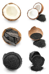 Set of activated coconut charcoal on white background