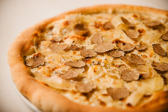 Black truffle pizza with b&eacute;chamel sauce and italian cheeses