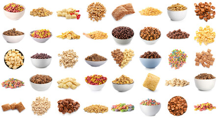 Collection of tasty breakfast cereals on white background