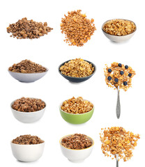 Set of tasty granola on white background