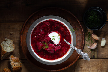 red beet soup in a bowl. Borsch. Ukrainian borsch. Ukrainian beet soup