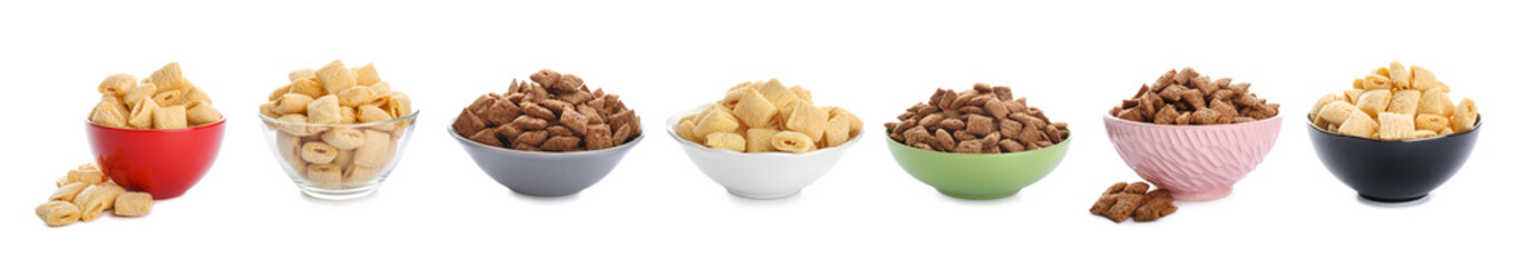 Set of tasty corn pillows on white background