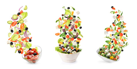 Fototapeta na wymiar Bowls with flying ingredients of healthy Greek salad on white background