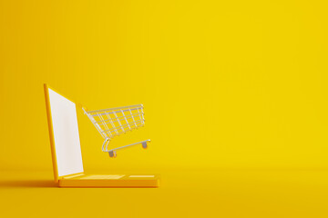 Online shopping and ecommerce concept. Web or mobile application e-commerce. Computer laptop with shopping cart on yellow background. 3d rendering illustration
