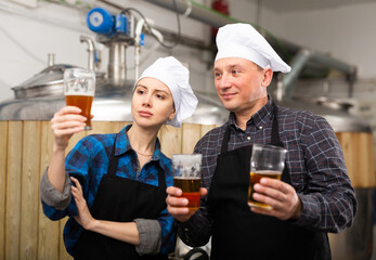 Woman and man skilled brewmasters standing on background of fermenters at brewery, checking quality of beer and discussing..