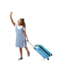 Going little African-American girl with suitcase on white background