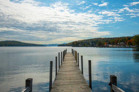 Lake Winnipesaukee Meredith Bay in historic town of Meredith in fall, New Hampshire NH, USA. 