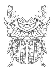 Stag beetle ornament colouring page for adults vector illustration. Detailed decorative tree beetle vertical printable coloring book page. Hand-drawn symmetry natural insect black outline print