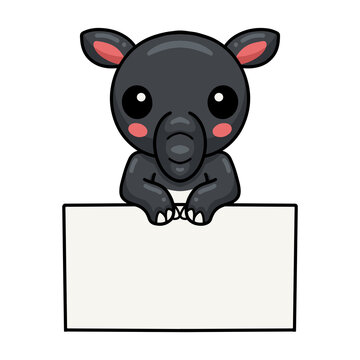 Cute little tapir cartoon with blank sign