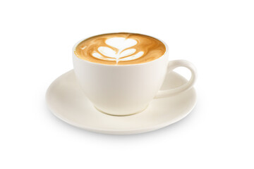 Latte coffee in white coffee cup with plate on white background with clipping path