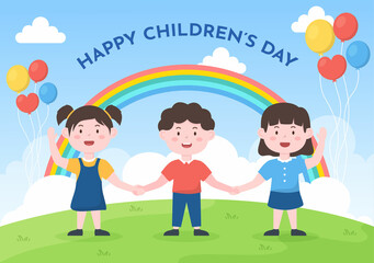 Happy Children's Day Celebration With Boys and Girls Playing in Cartoon Characters Background Illustration Suitable for Greeting Cards or Posters