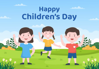 Happy Children's Day Celebration With Boys and Girls Playing in Cartoon Characters Background Illustration Suitable for Greeting Cards or Posters
