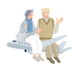 高齢の男性と女性が飛行機旅行　手描きイラスト