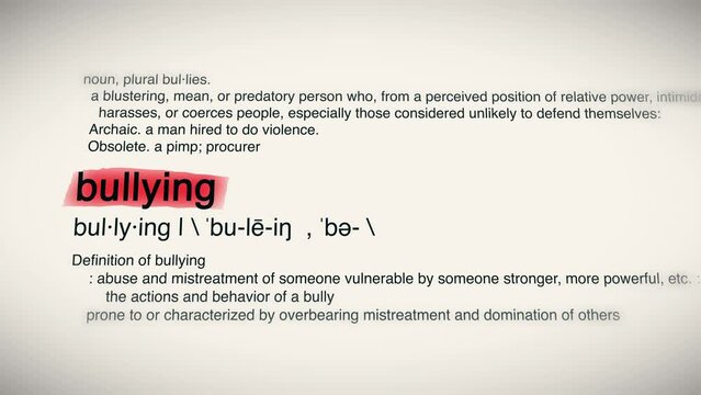 The Word Bullying Red Highlighted in a Dictionary Animation
