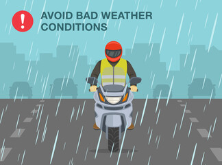 Safe motorcycle riding rules and tips. Avoid bad weather conditions. Motorcycle riding on a rainy and slippery road. Flat vector illustration template.
