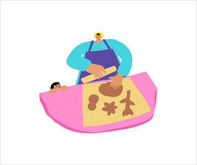a young girl cooks with a child. Mom and daughter are baking gingerbread in the kitchen. Concept illustration Mom as a mentor