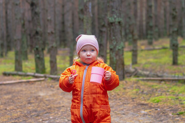 A child girl caucasian 2 years old drinks tea in a pine forest from a mug in autumn