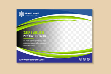 Naklejka premium sleep and wellness physical therapy flyer. Spa wellness Business template. Vector brochure poster. horizontal vector illustration design. space for text and photo. combination blue, green and white.