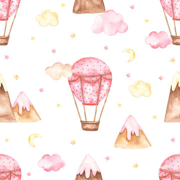 Watercolor seamless pattern with pink hot air balloons, clouds, mountains, stars for a girl