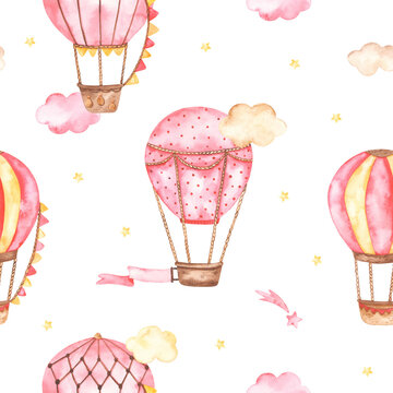 Watercolor seamless pattern with pink hot air balloons, aerostats, clouds, stars for a girl