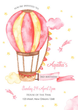 Watercolor birthday invitation with pink hot air balloon, stars, clouds, girl