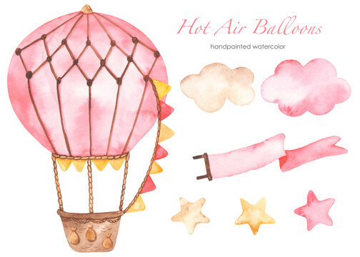 Watercolor set Hot air balloon pink with clouds, stars, ribbon, for girls