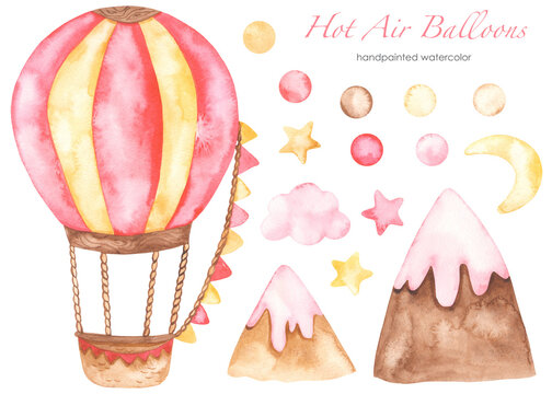 Watercolor set Hot air balloon pink with clouds, stars, mountains, polka dots, for girl, birthday