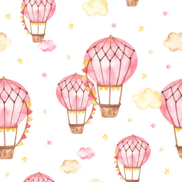 Watercolor seamless pattern with pink hot air balloons, clouds, stars for a girl