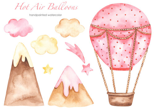 Watercolor set Hot air balloon pink with clouds, stars, mountains, for girl, birthday