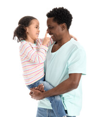 Portrait of happy African-American man and his little daughter on white background