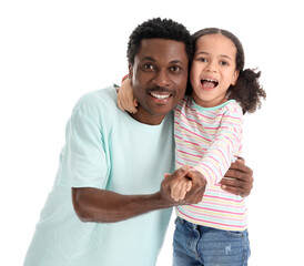 Portrait of happy African-American man and his little daughter on white background