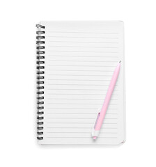 Notebook and pen isolated on white, top view